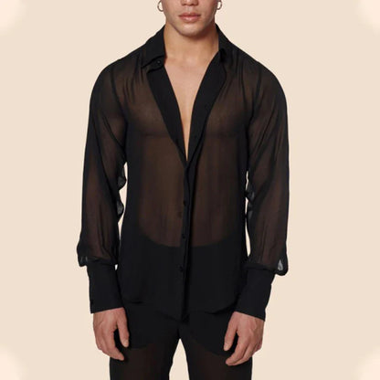 sanyamk Fashion Men's Streetwear Shirts Sexy Deep V Neck See Through Mesh Shirt For Men Summer Casual Lantern Sleeve Tops 2023 Clothing