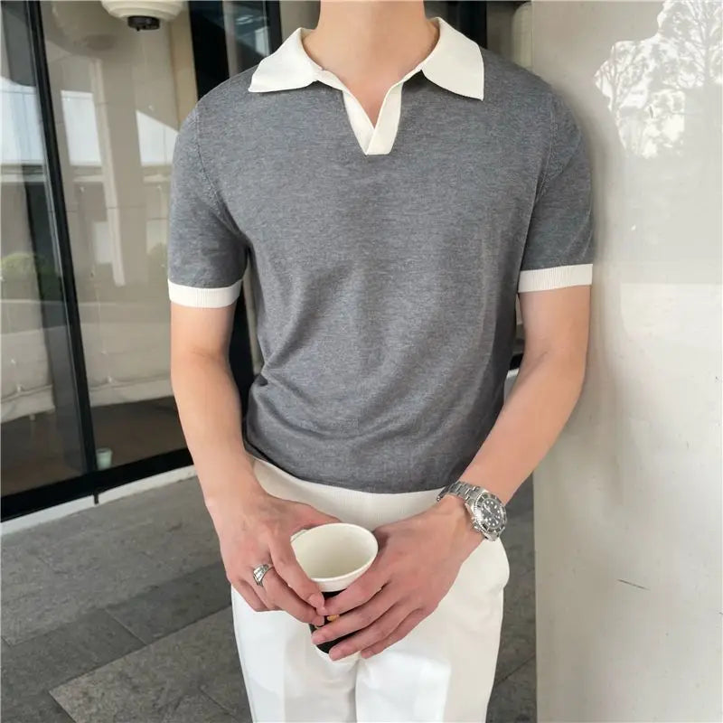 sanyamk Summer Lapel Breathable Short Sleeve Temperament Men's Clothing Slim Korean Version Solid Color Trend Knitted POLO Shirt