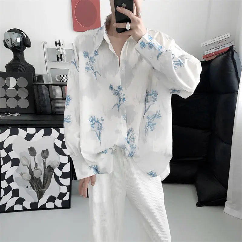 sanyamk Fashion Streetwear Korean Printing Loose Turn-down Collar Man Long Sleeve Men's Clothing Button Spring Summer Thin Shirts Tops