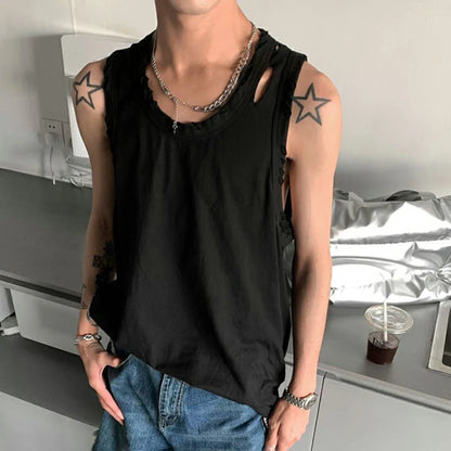 Bonsir Y2k Streetwear Undershirt Men's Trend Ripped Old Vest Summer New Solid Sleeveless Top T-shirt Sports Neutral Casual Sweatshirt