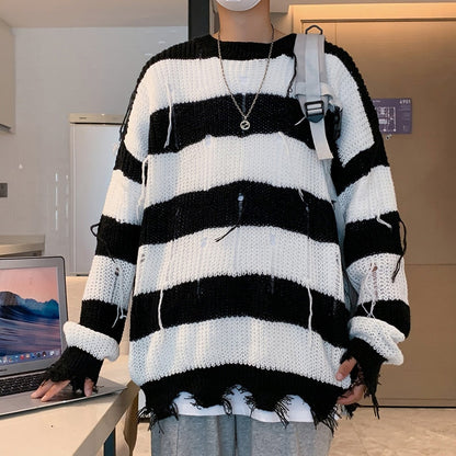 Bonsir Black and white striped sweater Japanese retro men's oversize high street hole knitted sweater couple autumn clothes