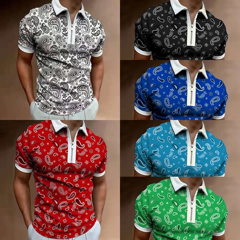 sanyamk Summer New Short Sleeve Printed Slim Fit Zip Lapel Men's Polo Shirt