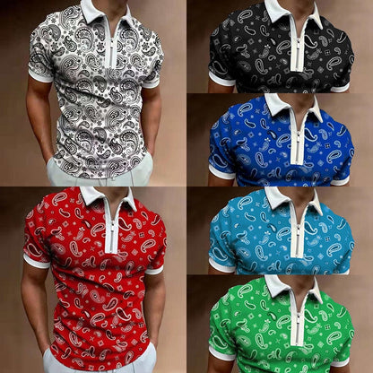 sanyamk Summer New Short Sleeve Printed Slim Fit Zip Lapel Men's Polo Shirt