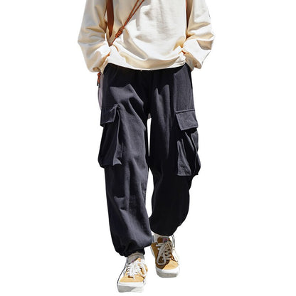 Bonsir Large Pockets Men's Cargo Pants Drawstring Loose Fashion Streetwear Male Trousers Harajuku Solid Color Pants