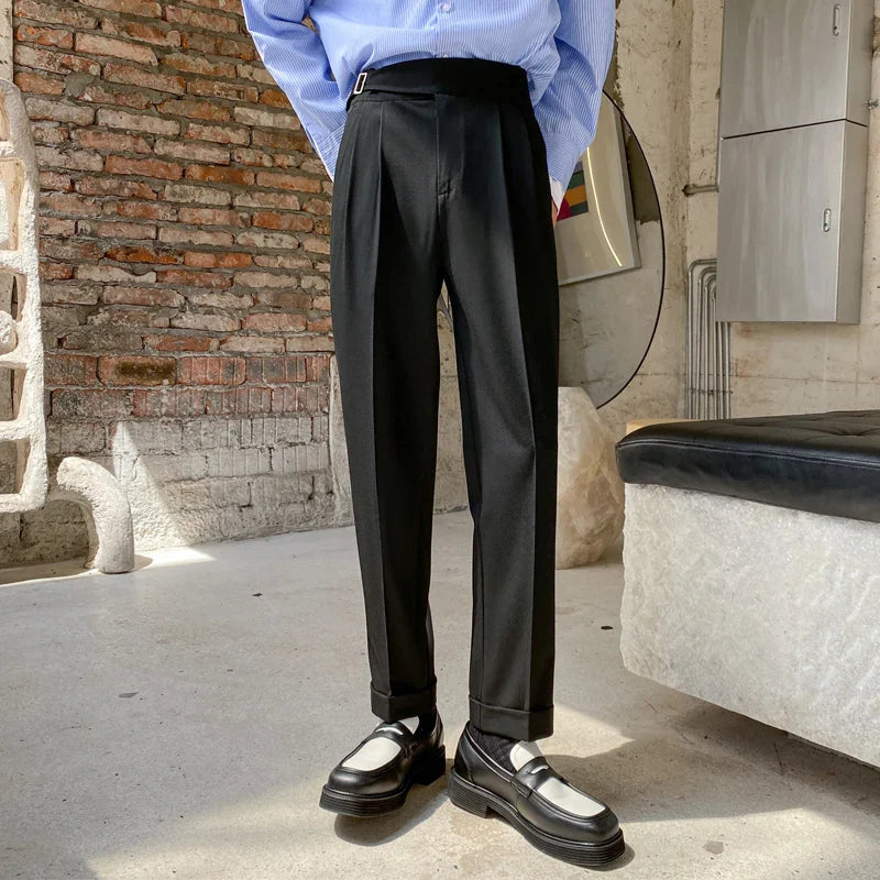 sanyamk  -  Korean Belt Suit Pants Men Fashion Solid Color Casual Dress Pants Men Loose Straight Trousers Mens Office Formal Trousers 28-34