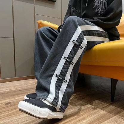sanyamk Men Jeans Pants Black Wide Leg Oversize Cargo Korean Streetwear Hip Hop Harajuku Denim Trousers