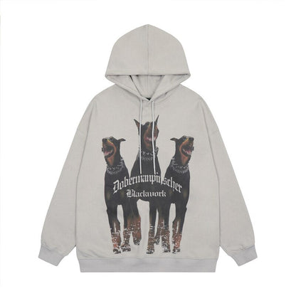 Bonsir Dog and Letter Painted Pullover Terry Hooded Hoodies Men's and Women's High Street Retro Casual Oversized Baggy Sweatshirts