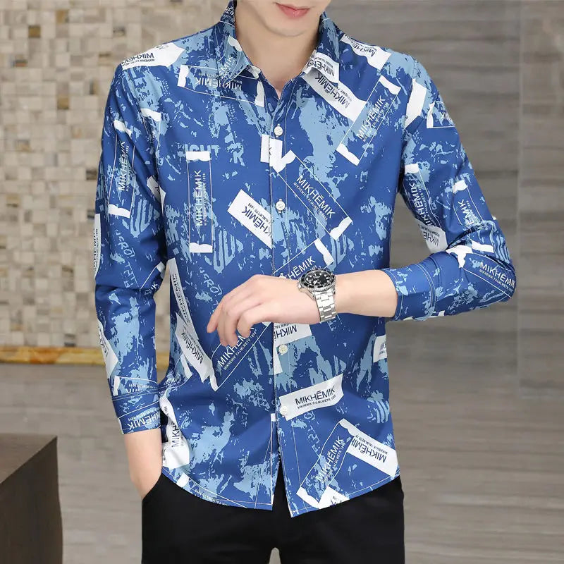 sanyamk Spring Summer Polo-neck Fashion Printed Long Sleeve Blouse Homme Vintage Buttons Top Men Personity Trend Shirt Hombre Cardigan