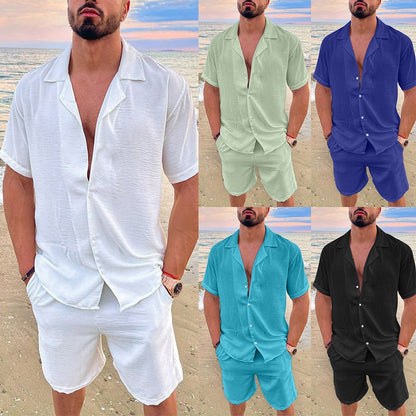 sanyamk Solid Color Cotton Linen Hawaiian Shirt Set Men Summer New Vacation Fashion Lapel Casual Short Sleeve Top Shorts 2pcs Set