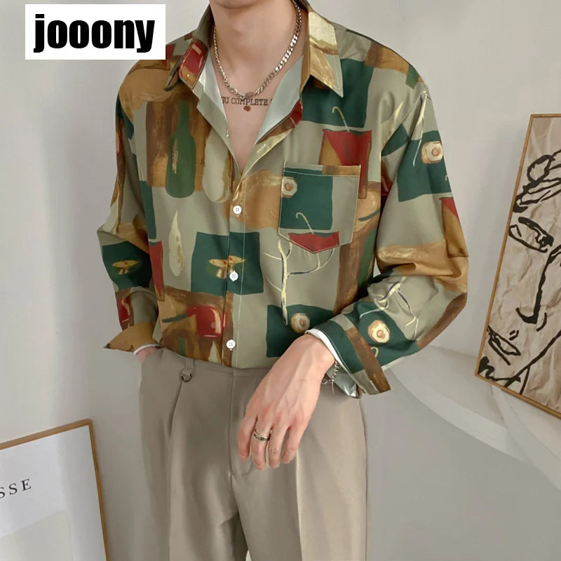 sanyamk Men Summer Fashion Loose Design Sense Printing Shirt Tops Retro Oil Painting Harajuku Simple Casual Long-sleeved Shirt Daily