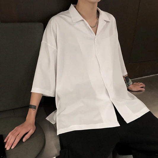 Bonsir Simple Solid Shirts Men Clothing Korean Loose Shirt Streetwear Chemise Homme Summer Half Sleeve Shirt Flat Collar Casual Tops