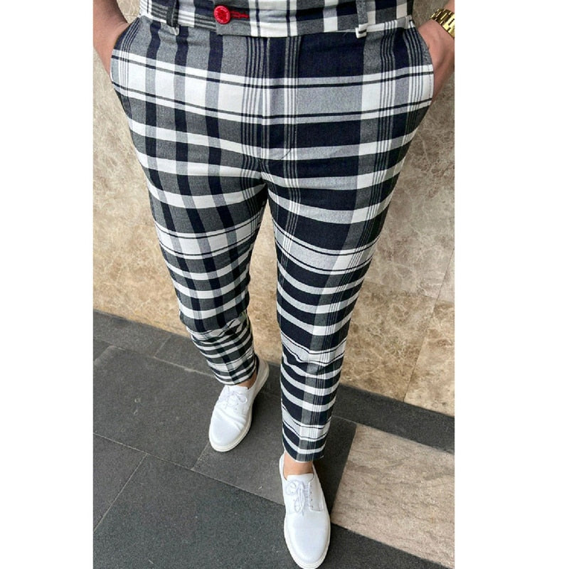 Bonsir Vintage Plaid Print Slim Pencil Pants Men Casual Mid Waist Straight Trousers 2023 Spring Fall Leisure Mens Long Pant Streetwear