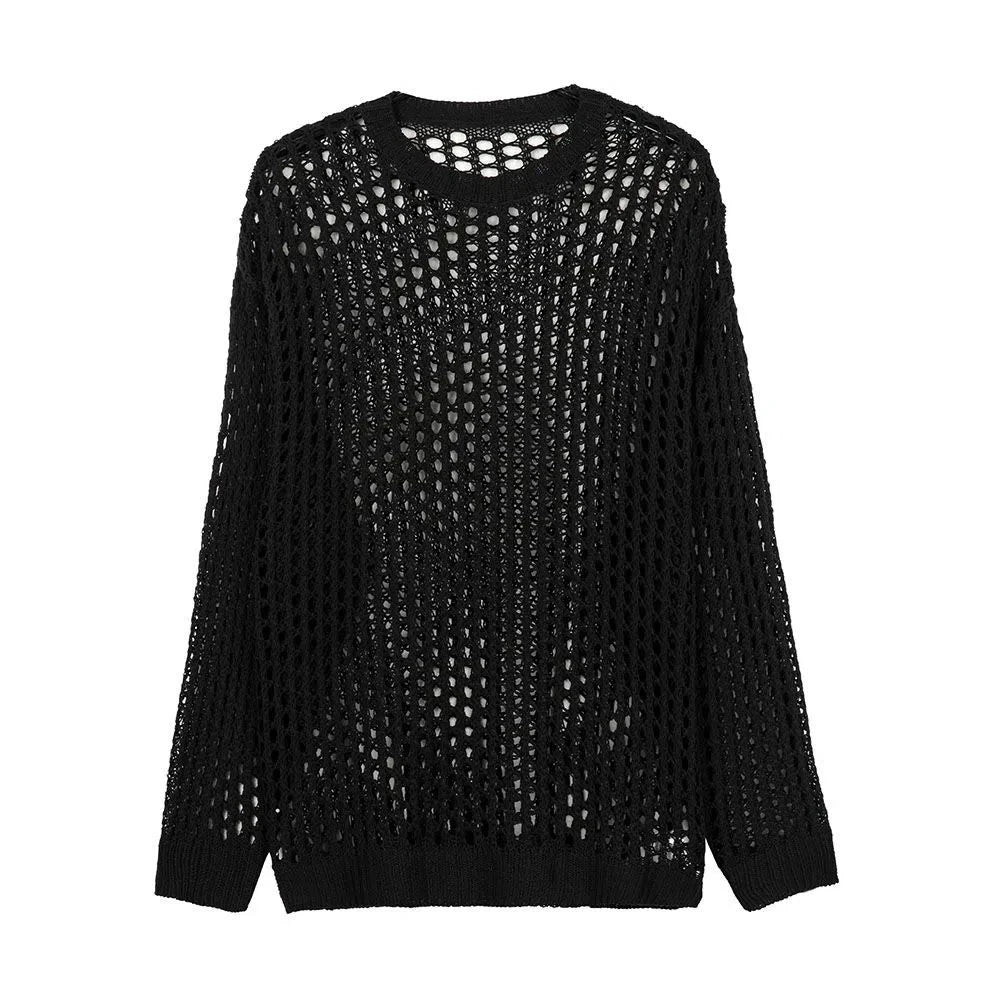 sanyamk Casual Pullovers Hollow Out Outfits Fishnet Smock Tops Men Fashion Loose Long Sleeve See-though Knit Shirts Y2k Sexy Holes Shirt