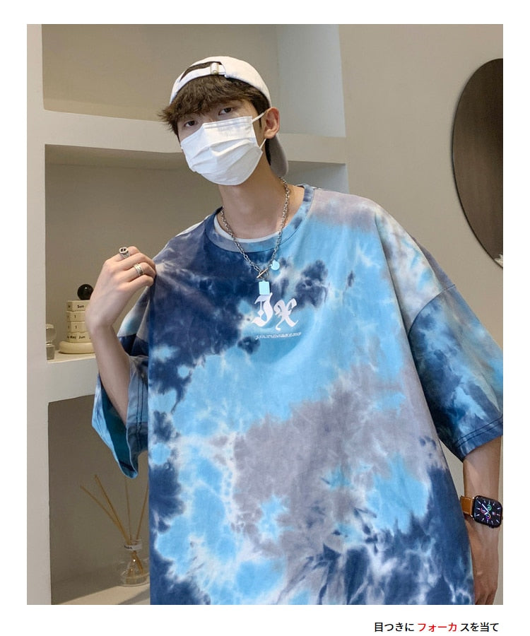 Bonsir Men Summer New Hot Hip Hop Streetwear Fashion T-Shirts Cotton Oversized Top Tees Mens Casual Tie-Dye O-Neck Short Sleeve T Shirt