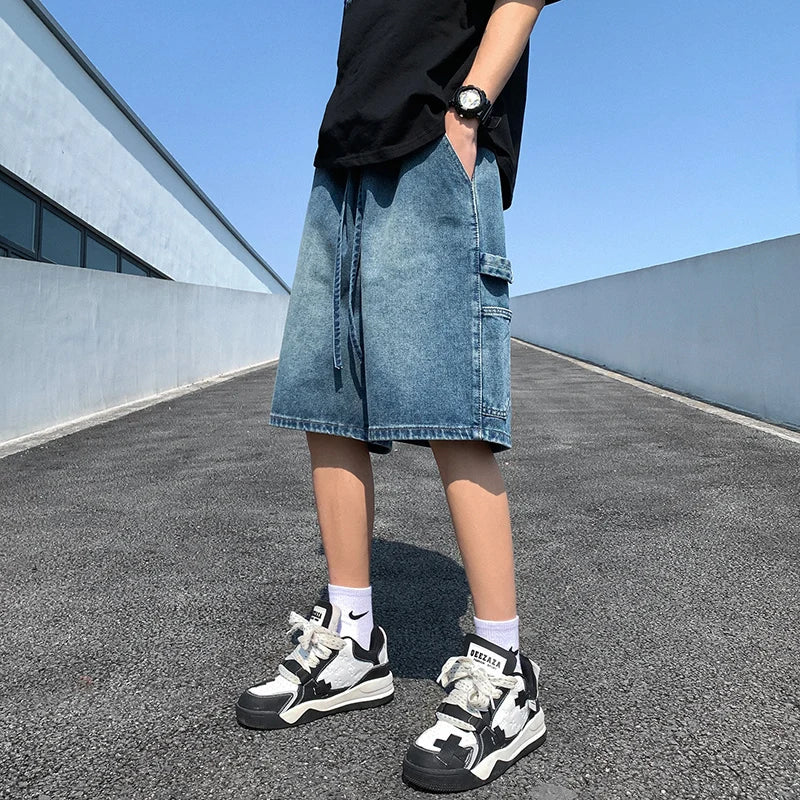 sanyamk Korean Style Summer Men's Blue Baggy Denim Shorts New Street Apparel Workwear Large Pocket Wide Leg Denim Shorts Blue