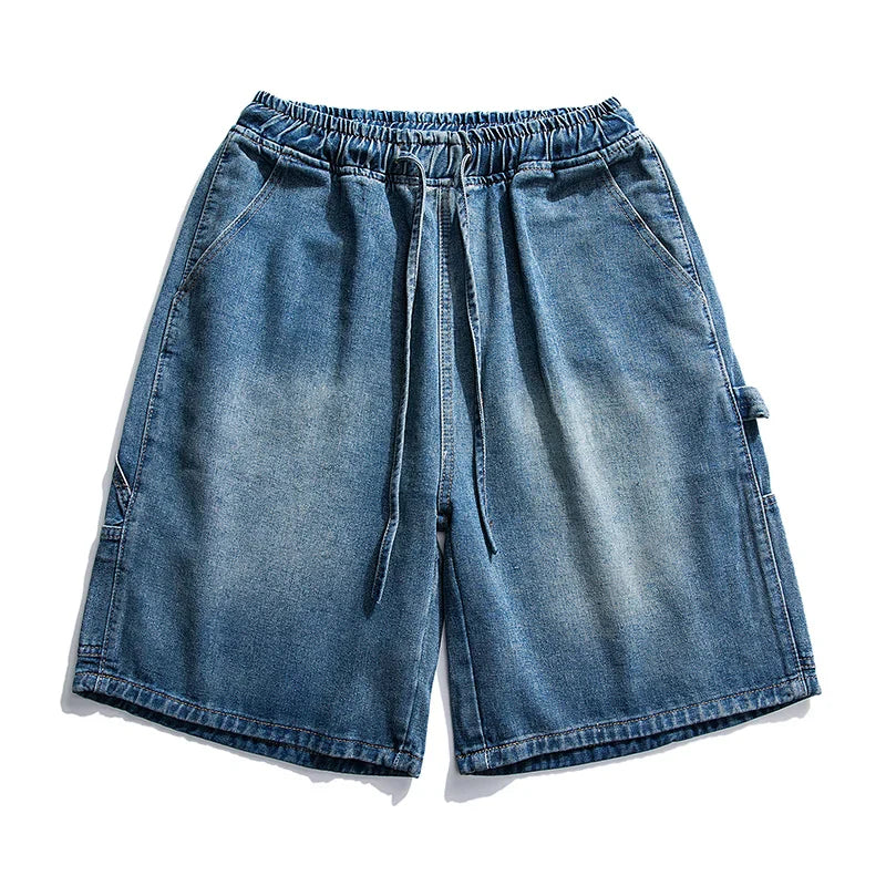 sanyamk Korean Style Summer Men's Blue Baggy Denim Shorts New Street Apparel Workwear Large Pocket Wide Leg Denim Shorts Blue