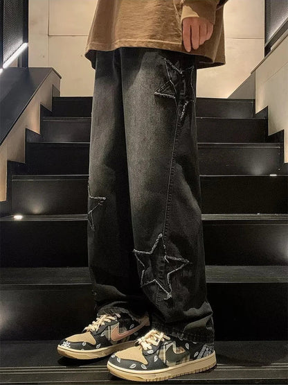 sanyamk Y2K Star Embroidery Casual Men Jeans Gothic Neutral Wide Leg Denim Trousers Male Loose Hip-hop Fashion Youth Streetwear