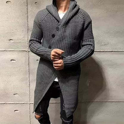 Bonsir Men Button-up Long Sweater Overcoat Mens Winter Fall Long Sleeve Knit Hooded Cardigans Coat Fashion Solid Long Knitted Jackets