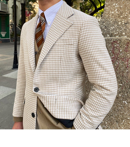 sanyamk British Retro Houndstooth Coat Men Long Warm Jacket Fall Winter Mens Woolen Coat Top Quality Abrigo Largo Hombre Mantel Wolle