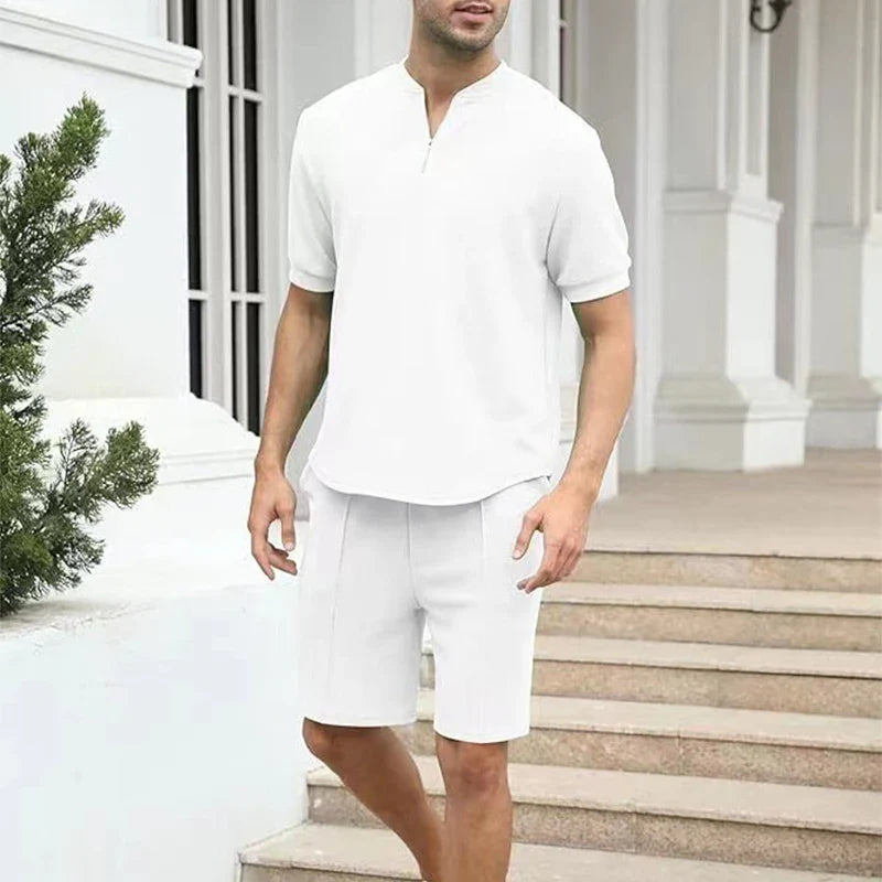 sanyamk New Casual Two Piece Sets Mens Outfit 2024 Spring Summer Fashion Zipper V Neck Short Sleeve T Shirts And Shorts Men Solid Suits