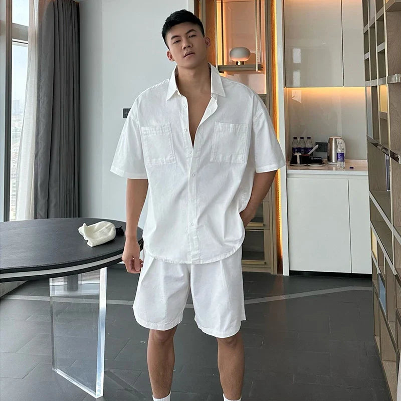 sanyamk 2024 Summer American Tracksuit High Street Simple Fashionable Shirt Suit Loose Casual Short-sleeved Shorts Comfortable Suit Chic