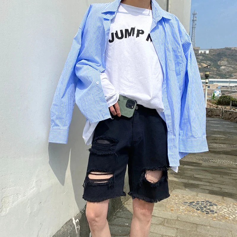 sanyamk Summer Hole Shorts Jeans Men Ripped Denim Pants Fashion Black/Blue Men's Jeans Short Pants Streetwear Straight Jeans Men