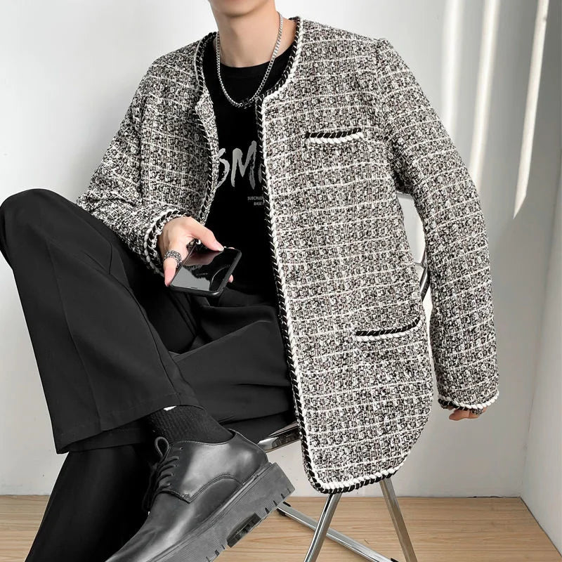 sanyamk -  Light Men's Luxury Weave Tweed Jacket Cloth-trimmed Design Single Breasted Oversized Coat Spring New Design 2A0587