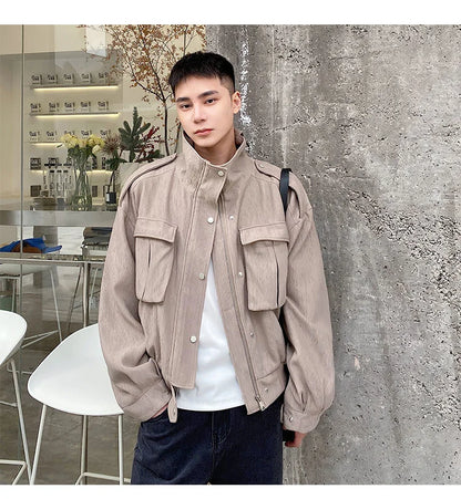 sanyamk -  Texture Spring Pleated Fabric Stand Collar Men's Short Coat New Fashion Three-dimensional Bag Korean Trendyjackets