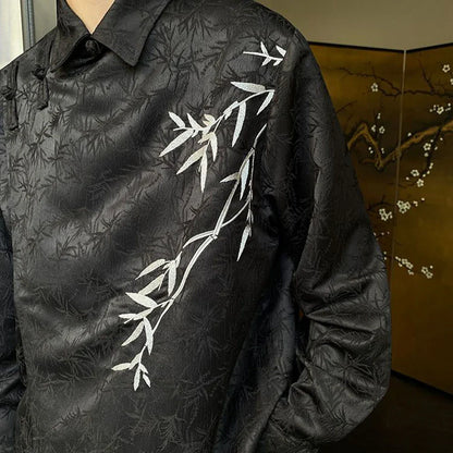 sanyamk Mens Chinese Jacquard Bamboo Embroidered Cheongsam Button Shirt Autumn Winter Genderless Retro Satin Long Sleeve Shirt Unisex