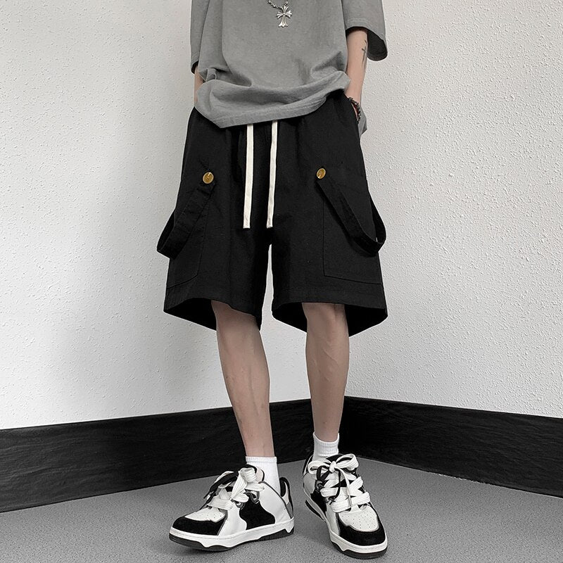 Bonsir Summer Cotton Shorts Men Fashion Retro Pocket Shorts Men Japanese Streetwear Hip Hop Loose Straight Shorts Mens Cargo Pants