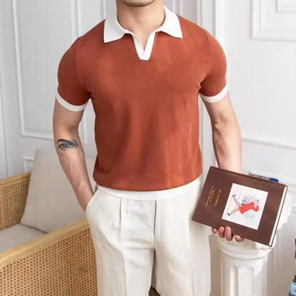 sanyamk  -  New Fashion Knitted Polo Shirt For Men Patchwork V-neck Short Sleeve Tops Japan Style Smart Casual Polos Tshirts Summer