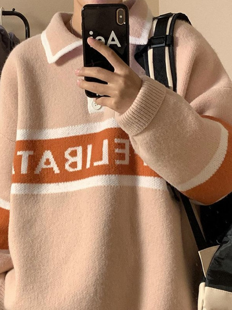 sanyamk POLO Shirt Sweater Men Winter Tops Couples Kawaii Pullover Teens Streetwear Personality Letters Casual All-Match Clothing