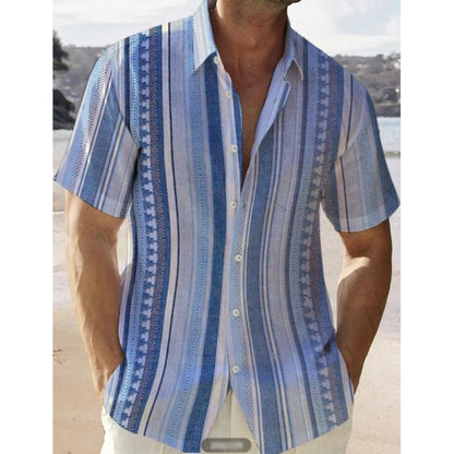 Bonsir Summer Beach Shirt Mens Casual Striped Print Short Sleeve Loose Tops Cardigan Men's Clothes Leisure Lapel Shirts Streetwear