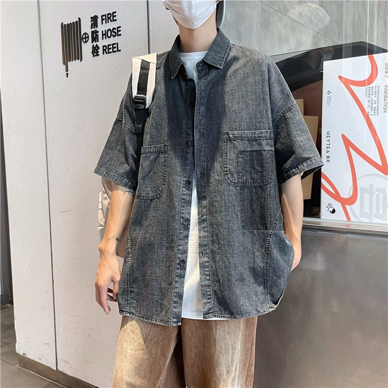 sanyamk Summer Denim Shirts Men's Fashion Vintage Pocket Casual Shirts Mens Japanese Streetwear Loose Short Sleeve Shirts Men M-2XL