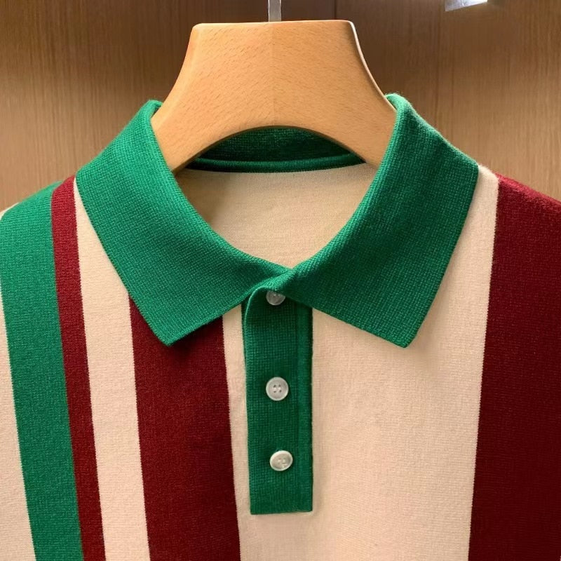 sanyamk Spring Autumn Knitting Polo Shirt Men Casual Turn-down Collar Button Fashion Color Stripe Slim Tops Ice Silk Knitting T-shirts