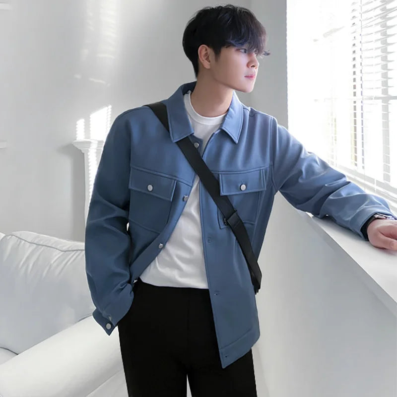 sanyamk -  Jacket Men's Coat Spring Loose Versatile Tops Korean Fashion Casual Slim Fit Blue Lapel Single Breasted Coat 2Y2107