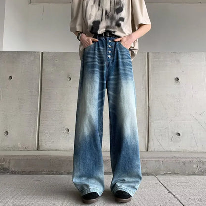 sanyamk Autumn New Tie-dye Buttons Streetwear Baggy Jeans Men Loose Mopping Pants Men's Hip Hop Casual Denim Pants Male Straight Blue