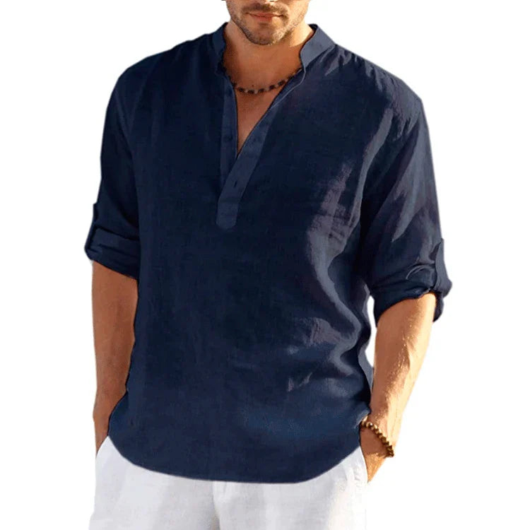 sanyamk Summer New Cotton And Linen Stand-Up Collar Buckle Half Placket Simple Short-Sleeved Shirt Men'S Loose Top Handsome T-Shirt