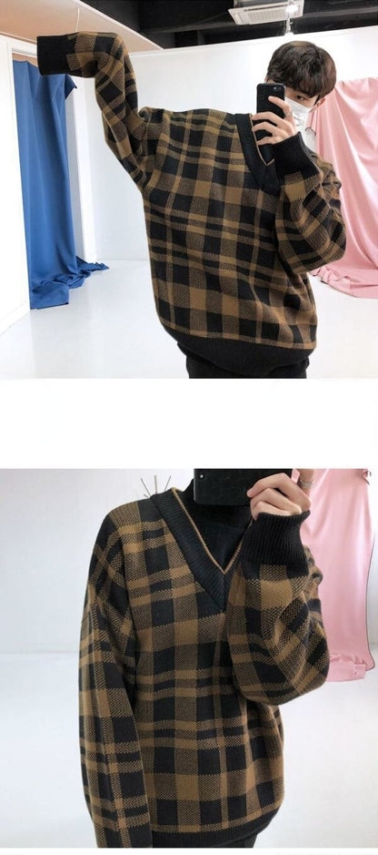 Bonsir Korean Fashion Vintage V-neck Plaid Sweater Male Autumn and Winter Casual Loose Men's V-neck Knitted Sweater for Men Pullover