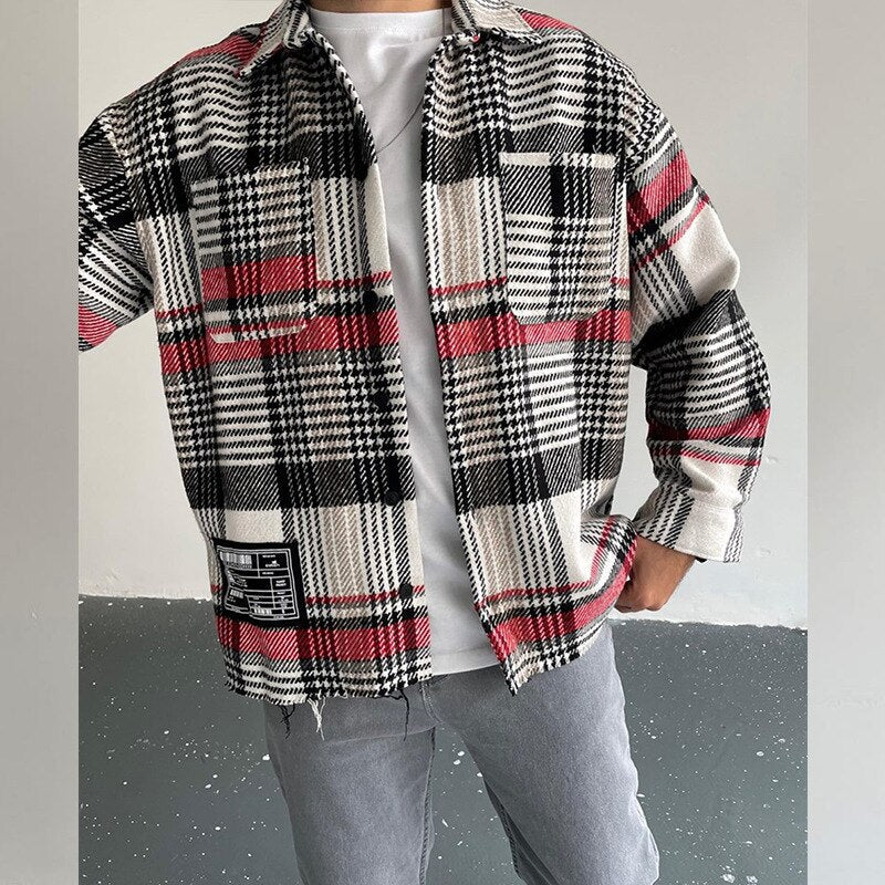 Bonsir Fall Mens Fashion Plaid Printed Shirt Jackets Long Sleeve Turndown Collar Buttoned Outerwear Men Casual Loose Coats Streetwear