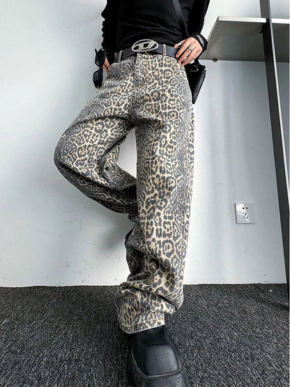 sanyamk Leopard Jeans Women Denim Pants Female Oversize Wide Leg Trousers Streetwear Hip Hop Vintage Animal Print Loose Casual