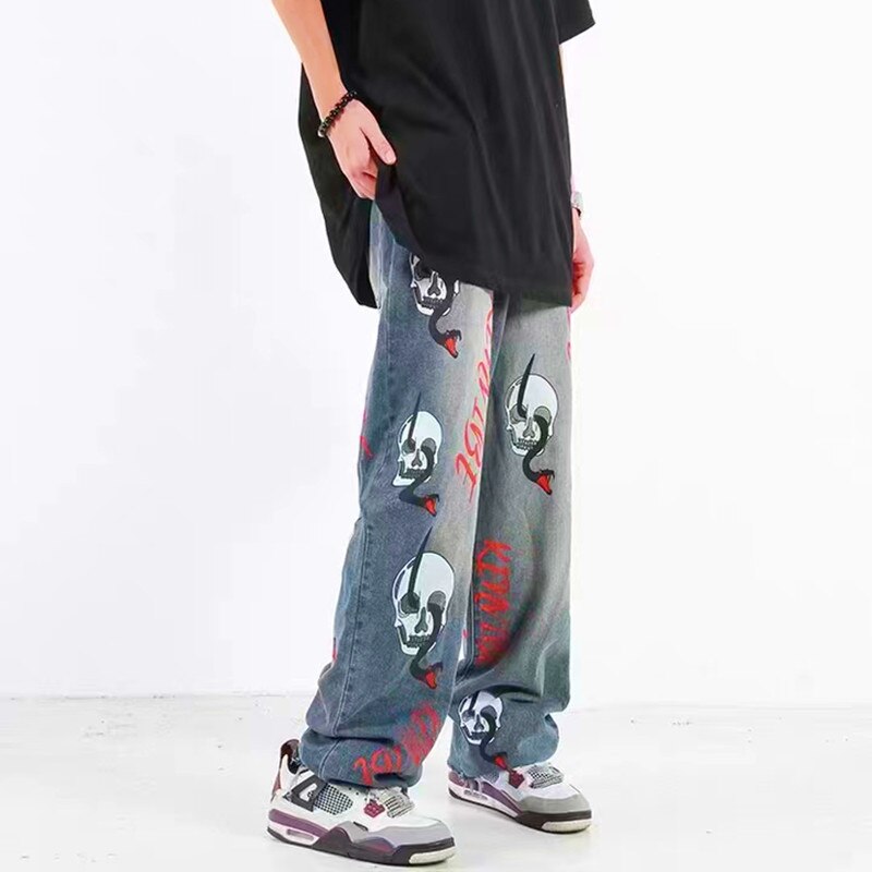 Bonsir Vibe Style Skull Letter Print Punk Men Baggy Jeans Pants Y2K Hombre Straight Loose Hip Hop Denim Trousers Pantalon Homme