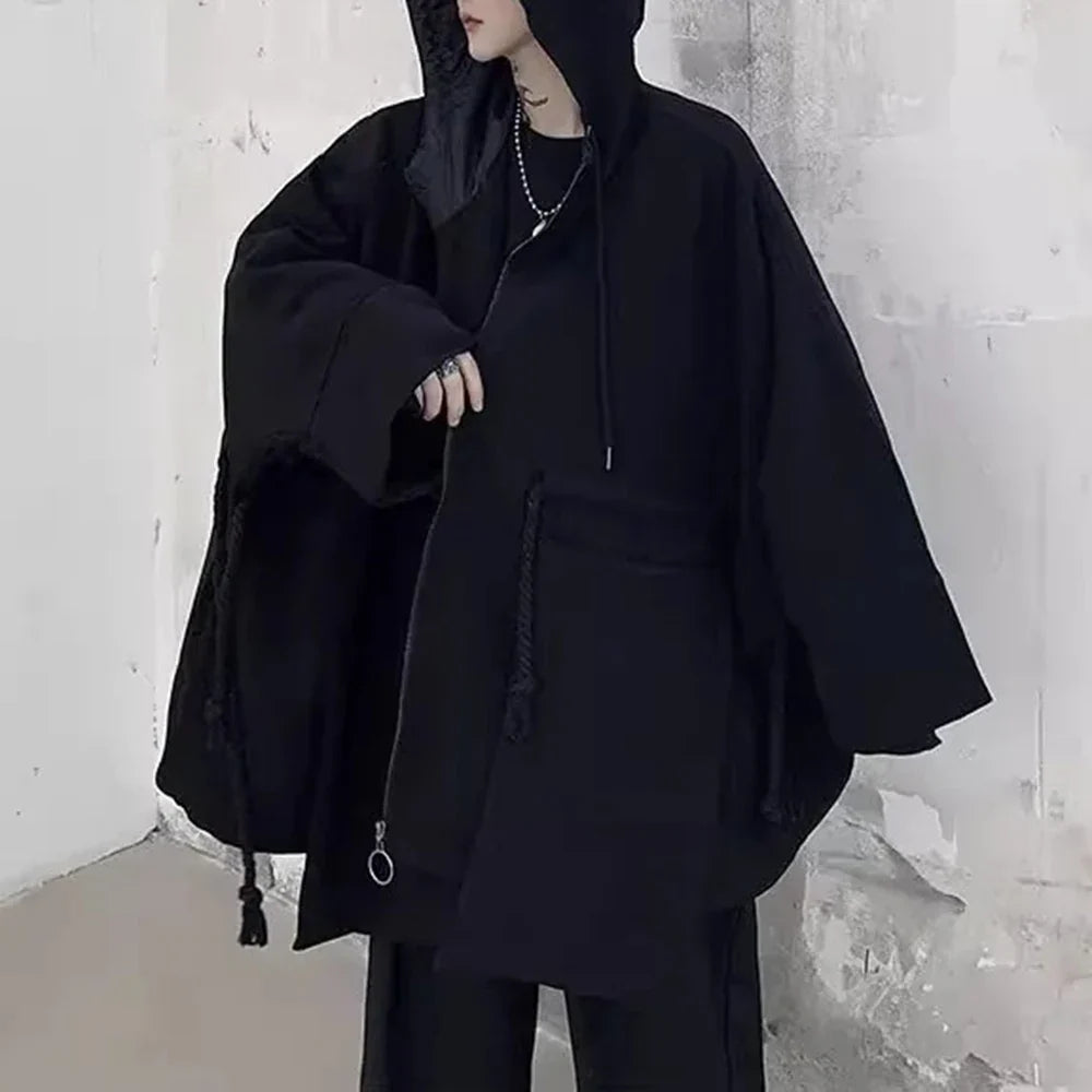 sanyamk Mens Hooded Windbreaker Dark Gothic Style Cape Sweater Streetwear Y2k Rope Decoration Personality Jacket Men'S Clothing 2024