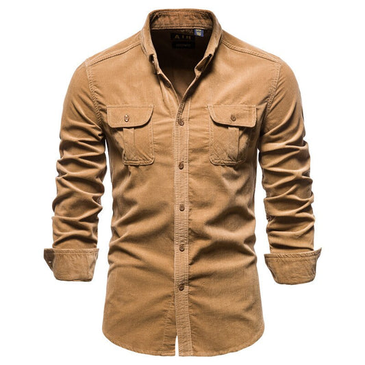 Bonsir Men's Shirt Cotton Lapel Casual  Spring Autumn Corduroy Shirts for Men Slim Solid Color Shirts Long Sleeve Tops EU Size