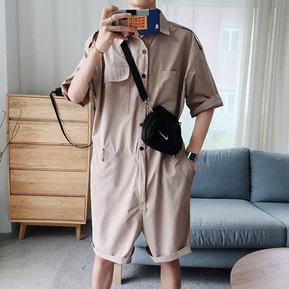 sanyamk Fashion Men Playsuit Overalls Punk Hip Hop Korean Version Pocket Pant Loose Short Sleeve Rompers Youth Cargo Jumpsuit Streetwear