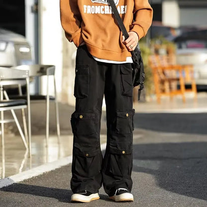 sanyamk Men's Multi-pockets Cargo Pants Autumn Vintage Solid Color Hiphop Overalls Baggy Casual High Street Mopping Trousers