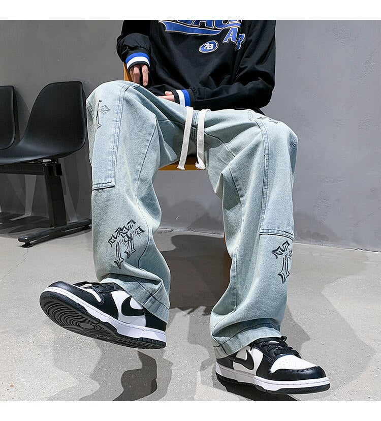 sanyamk Washed Blue Mopping Jeans Men Hiphop Casual Loose Straight Wide Leg Printed Cross Overalls Casual Denim Trousers Four Seasons