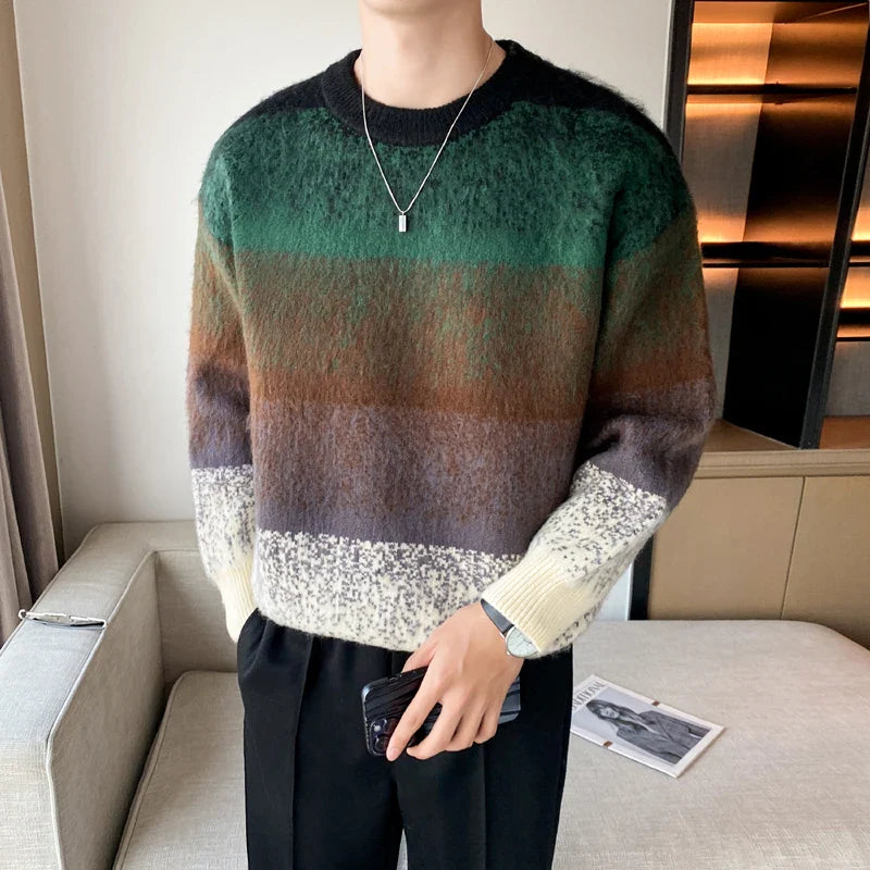 Bonsir Autumn Winter Fashion Mens Sweaters Velvet Thick Long Sleeve Knit Jumper Gradient Colors Striped Patckwork Sweater Pullovers Man