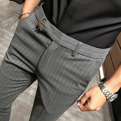 sanyamk   -  British Style Suit Pants Men Dress Pants Social Slim Fit Office Trousers Men Grey Spring New Striped Belt Trousers Men's