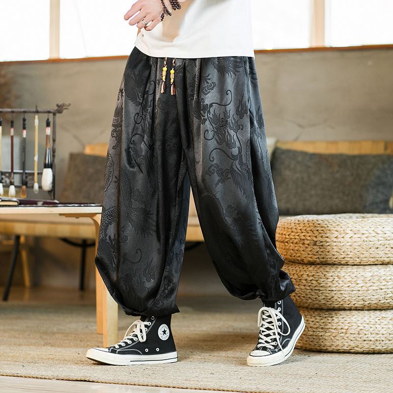 Bonsir Summer Thin Ice Silk Pants with Dragon Print Pants Hiphop Cool sweatpants women new high quality baggy streetwear